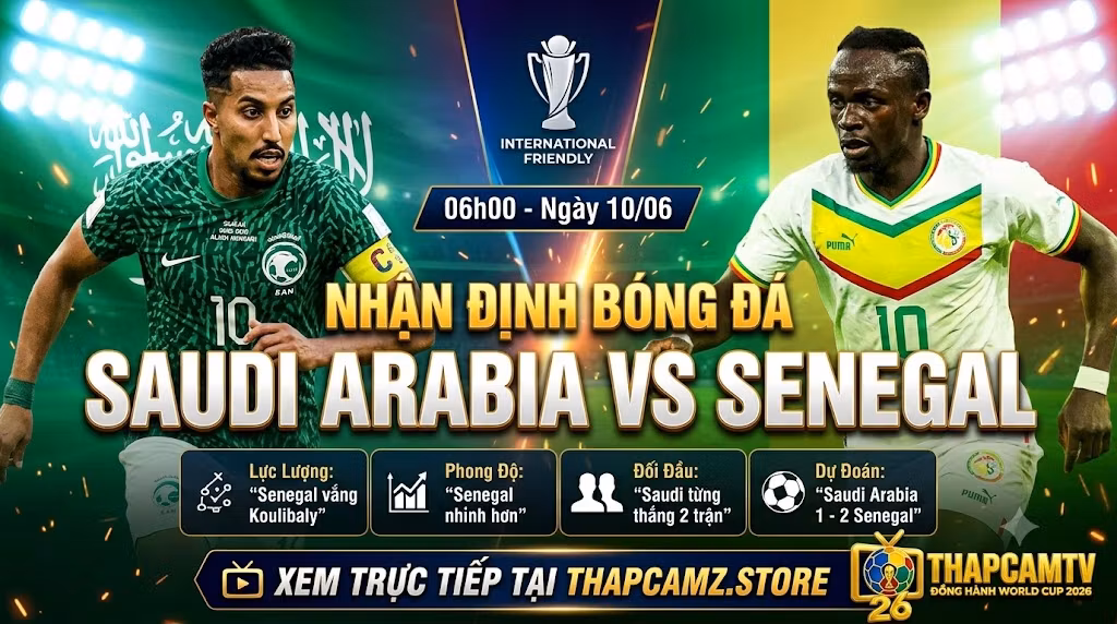 Nhận định bóng đá Saudi Arabia vs Senegal lúc 06h00 ngày 10/06. Đánh giá phong độ và tương quan lực lượng hai đội tuyển trước thềm World Cup 2026 trên nền tảng ThapcamTV.