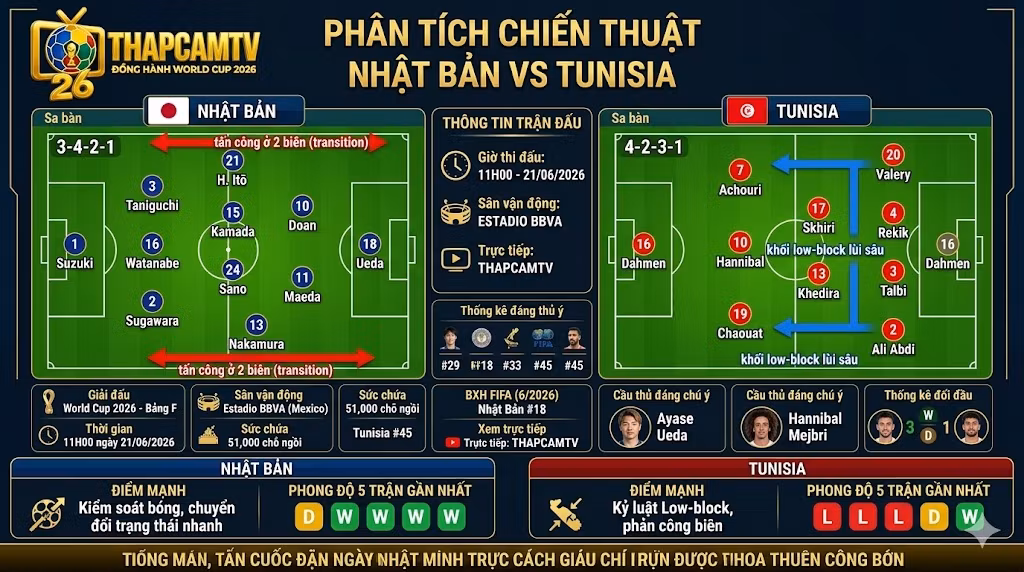 Sơ đồ phân tích chiến thuật trận đấu Nhật Bản vs Tunisia, bẻ gãy khối low-block của HLV Hervé Renard.